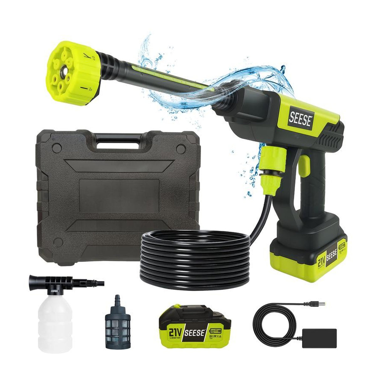 The complete cordless pressure washer kit: gun, wand, battery, charger, hose, foam pot, filter and hard case