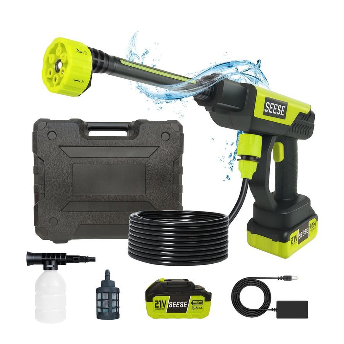 The complete cordless pressure washer kit: gun, wand, battery, charger, hose, foam pot, filter and hard case