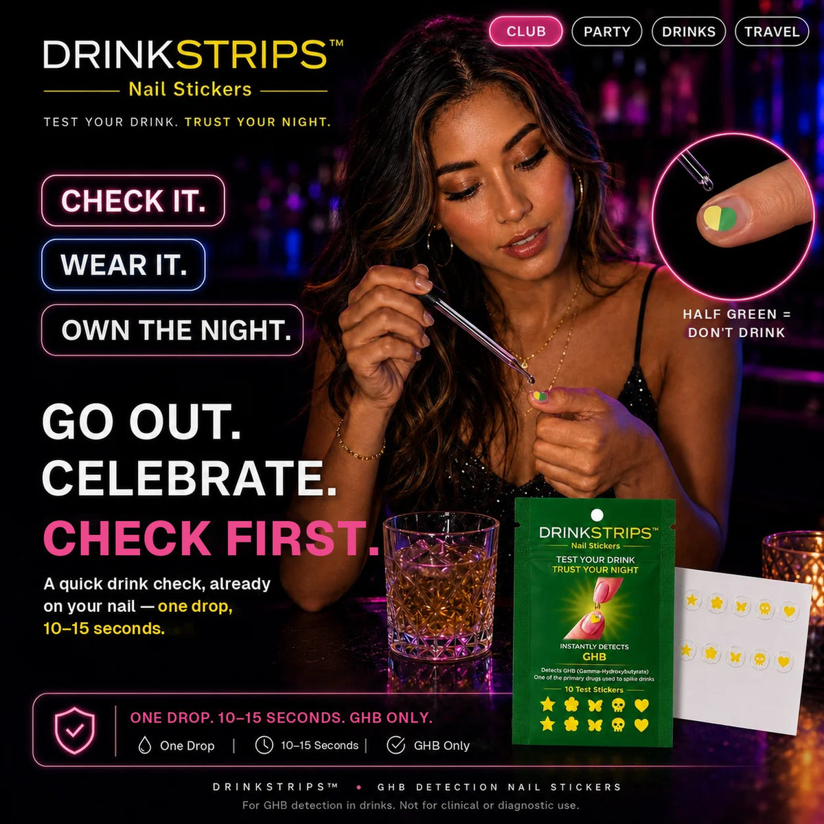 Woman at a bar adding a drop of her drink to a nail sticker; inset shows a half-green sticker, meaning don't drink