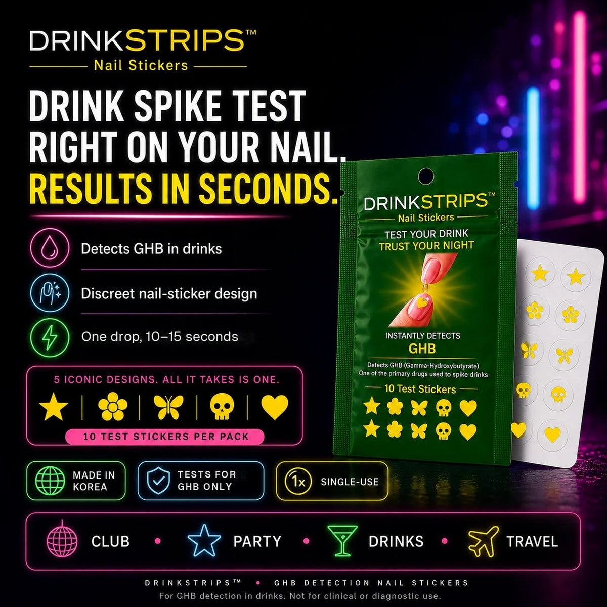 Drink spike test right on your nail: detects GHB in drinks, discreet nail-sticker design, one drop and 10–15 seconds, five designs, 10 stickers per pack