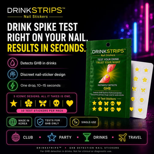 Drink spike test right on your nail: detects GHB in drinks, discreet nail-sticker design, one drop and 10–15 seconds, five designs, 10 stickers per pack