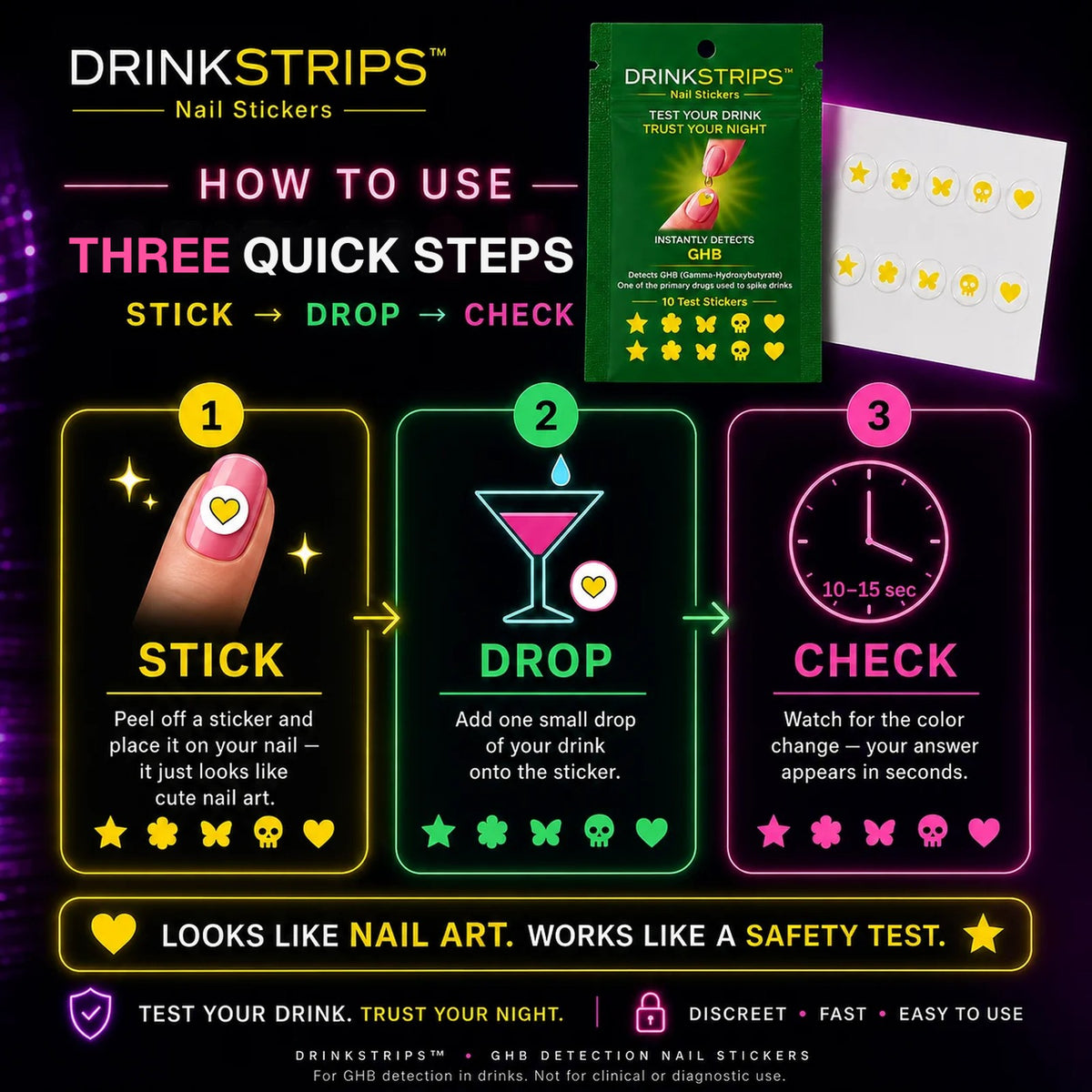 Three quick steps: stick a sticker on your nail, add one drop of your drink, check the colour after 10–15 seconds