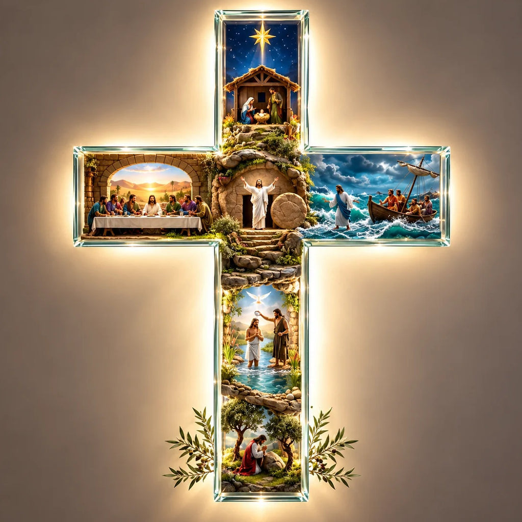 The Story Cross lit up on a wall, showing six scenes from the life of Christ
