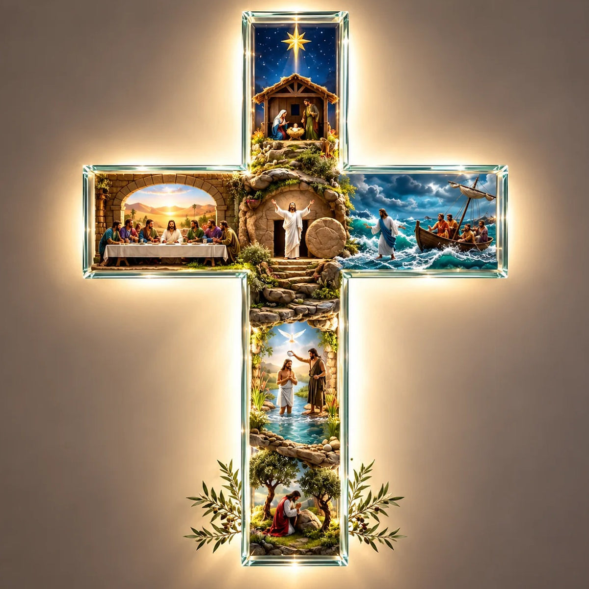 The Story Cross lit up on a wall, showing six scenes from the life of Christ