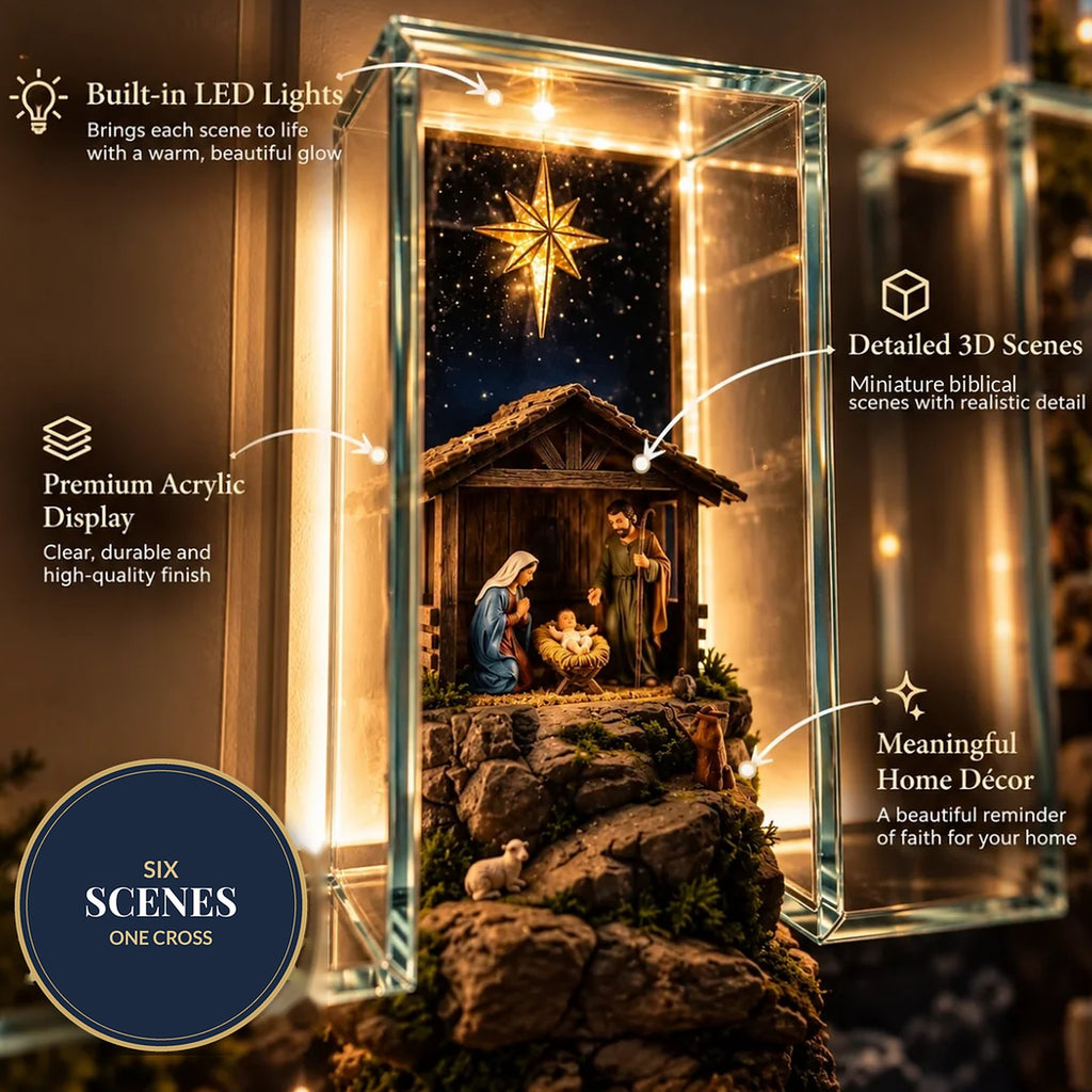 Close-up of the Nativity scene under the star, behind clear acrylic