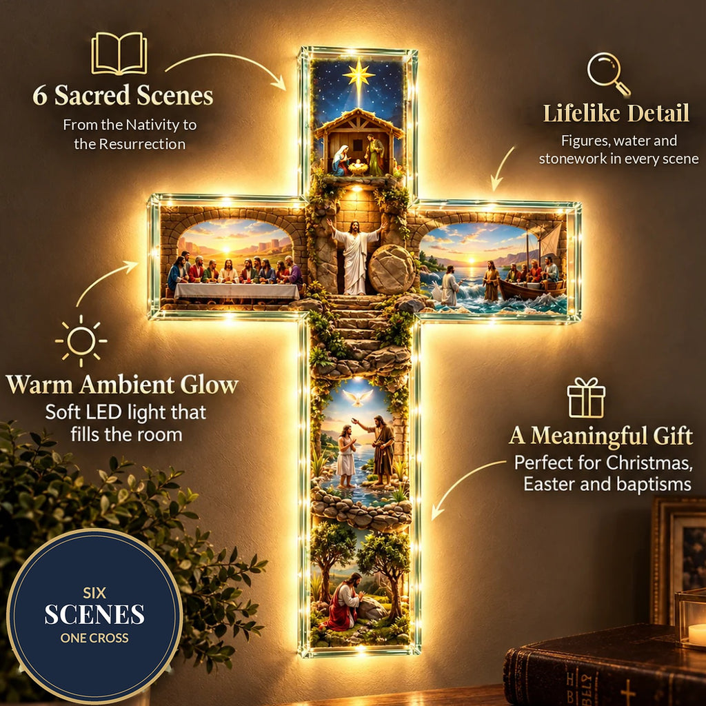 The Story Cross glowing on a living-room wall above a Bible and candle